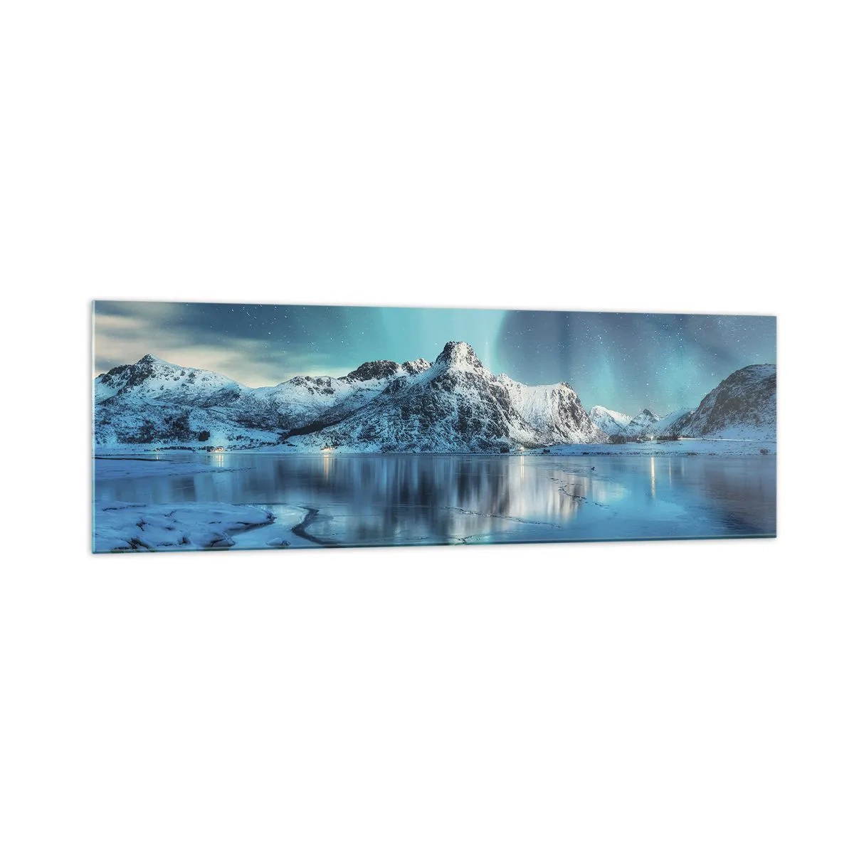 Glasbild - Bild auf glas - Aurora Borealis über schneebedeckten Bergen und einem See - 160x50cm - Lichtnacht - Moderne Wanddekoration für Wohnzimmer und Schlafzimmer ARTTOR
