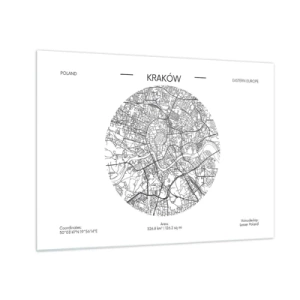 Glasbild - Bild auf glas - Eine Karte von Krakau im Schwarz-Weiß-Illustrationsstil - 70x50cm - Anatomie von Krakau - Moderne Wanddekoration für Wohnzimmer und Schlafzimmer ARTTOR