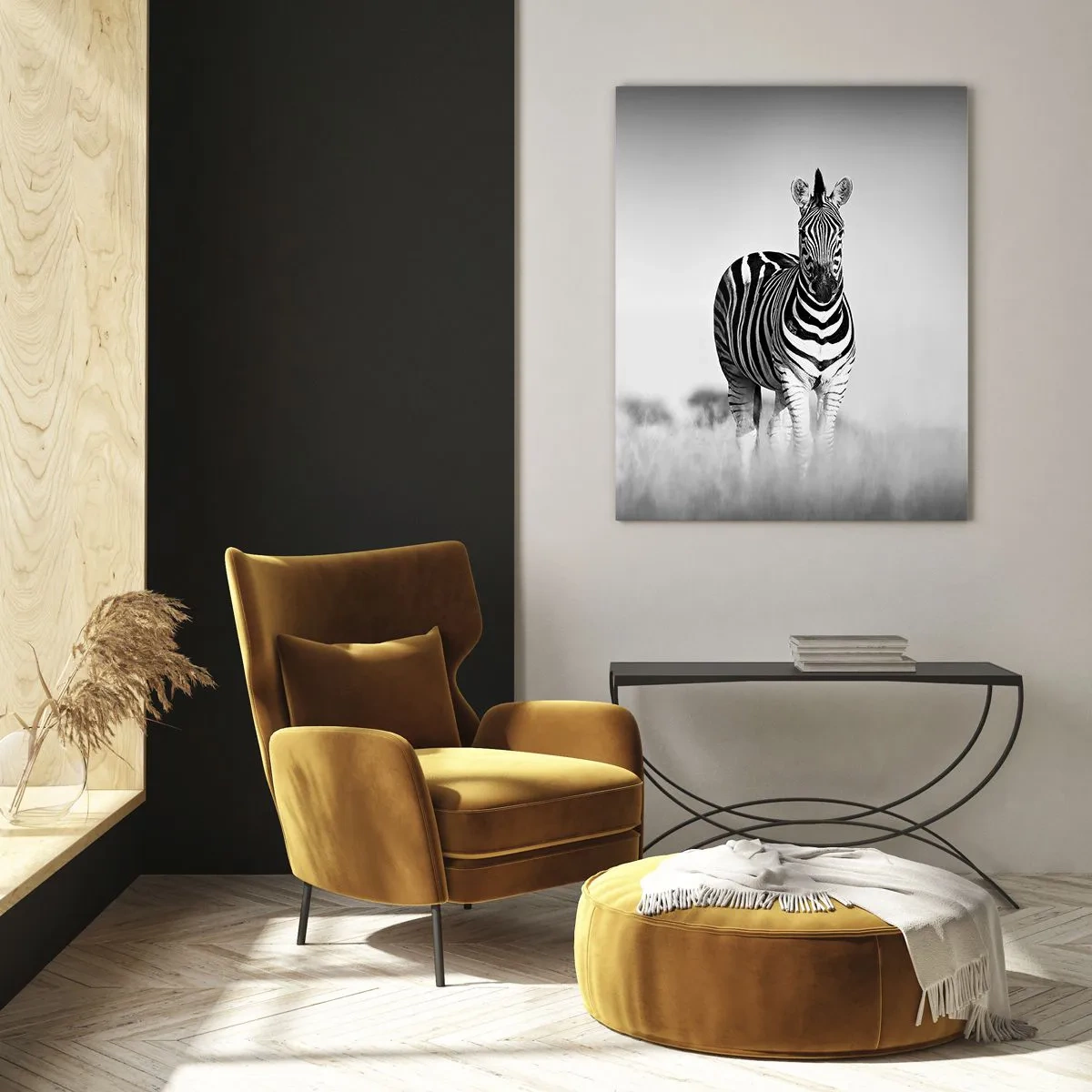 Glasbild - Bild auf glas - Ein Zebrapaar vor einem schwarz-weißen Grashintergrund, dargestellt in ihrem natürlichen Lebensraum. - 50x70cm - Die Welt ist doch schwarz-weiß - Moderne Wanddekoration für Wohnzimmer und Schlafzimmer ARTTOR