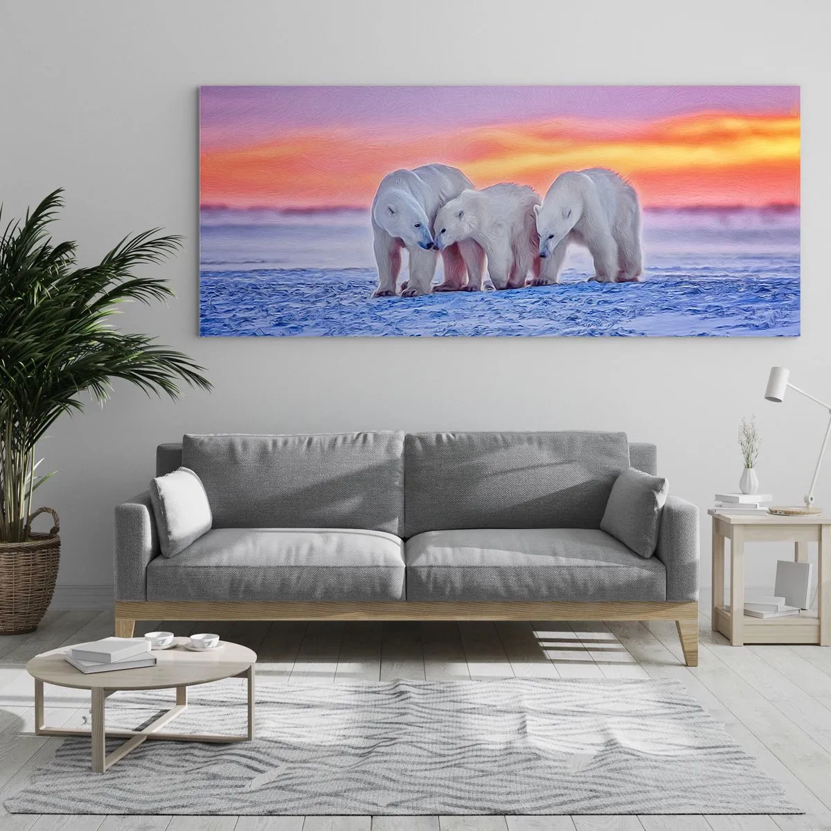 Glasbild - Bild auf glas - Drei Eisbären vor dem Hintergrund eines arktischen Sonnenuntergangs - 120x50cm - Familienwärme ist genug - Moderne Wanddekoration für Wohnzimmer und Schlafzimmer ARTTOR