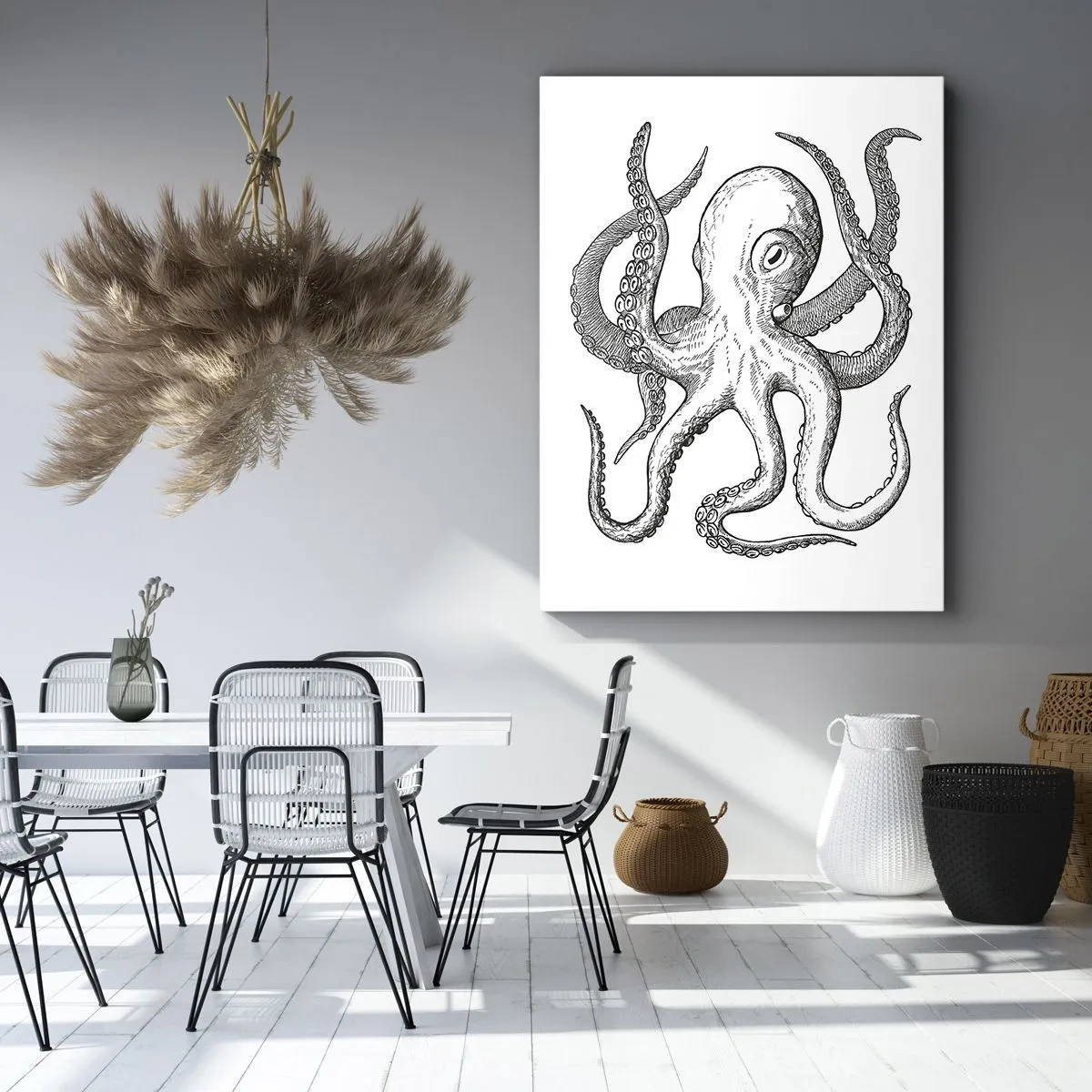 Bild auf Leinwand - Leinwandbild - Schwarz-weiße Zeichnung eines Oktopus auf weißem Hintergrund im Vintage-Stil - 50x70cm - Mit den Wellen tanzen - Moderne Wanddekoration für Wohnzimmer und Schlafzimmer ARTTOR