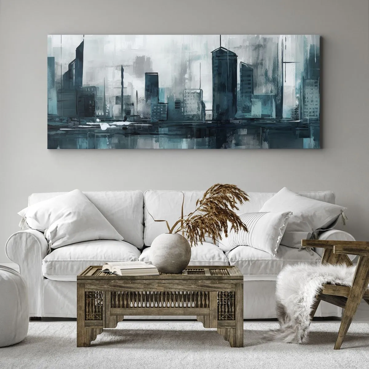 Bild auf Leinwand - Leinwandbild - Eine moderne Stadt in Türkis- und Grautönen - 160x50cm - Eine Stadt in der Farbe des Regens - Moderne Wanddekoration für Wohnzimmer und Schlafzimmer ARTTOR