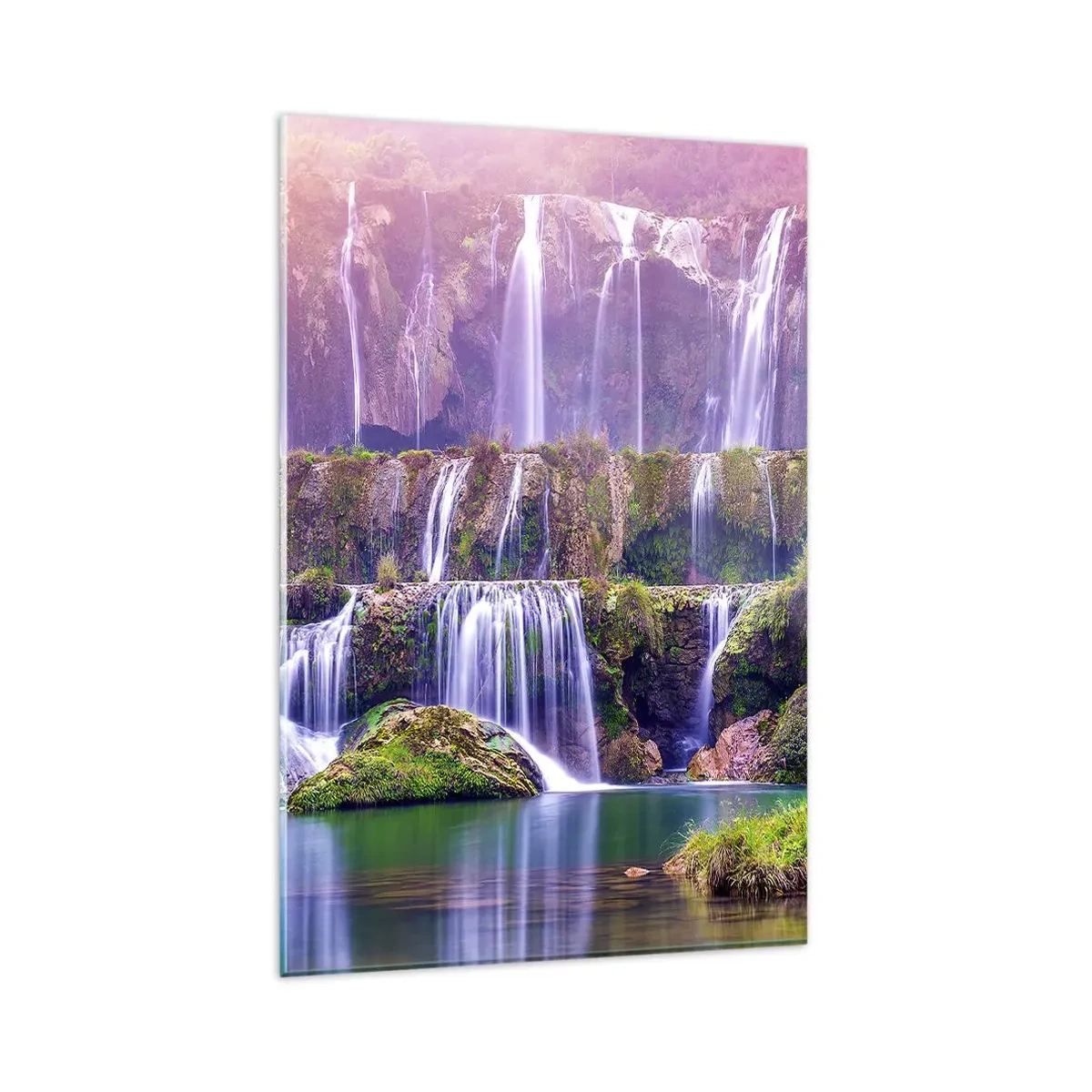 Glasbild - Bild auf glas - Wasserfälle umgeben von Grün mit pastellfarbener Beleuchtung - 80x120cm - Treppe zum Himmel - Moderne Wanddekoration für Wohnzimmer und Schlafzimmer ARTTOR