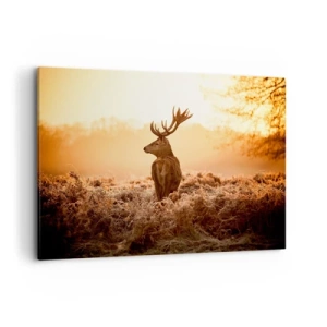 Bild auf Leinwand - Leinwandbild - Hirsch in den Strahlen der aufgehenden Sonne - 120x80cm - Herr im eigenen Land - Moderne Wanddekoration für Wohnzimmer und Schlafzimmer ARTTOR