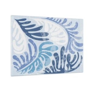 Glasbild - Bild auf glas - Dekorative Farnblätter in Blautönen auf hellem Untergrund - 70x50cm - Blaue Farne - Moderne Wanddekoration für Wohnzimmer und Schlafzimmer ARTTOR