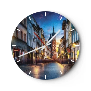 Wanduhr - Glasuhr - Eine Straße mit Blick auf die Marienkirche bei Sonnenuntergang - 30x30cm - Krakauer Charme - Moderne Wanddekoration für Wohnzimmer, Küche und Schlafzimmer ARTTOR