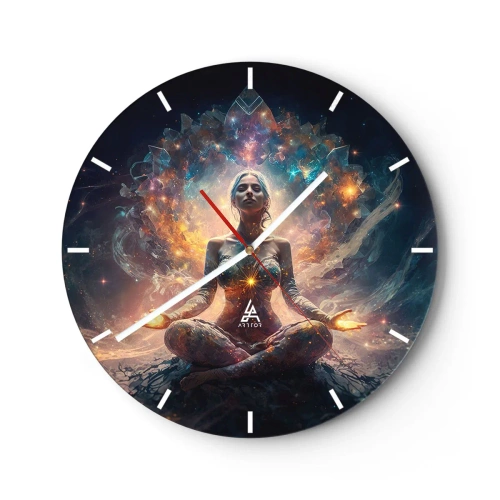 Wanduhr - Glasuhr - Eine Frau in Meditation, umgeben von Energie in den Farben der Galaxie. - 30x30cm - Fluss guter Energie - Moderne Wanddekoration für Wohnzimmer, Küche und Schlafzimmer ARTTOR