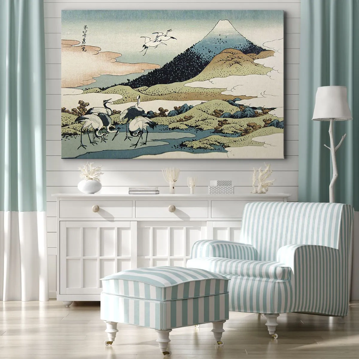 Bild auf Leinwand - Leinwandbild - Traditionelle japanische Grafik mit Bergen und Kranichen - 100x70cm - Im japanischen Geist - Moderne Wanddekoration für Wohnzimmer und Schlafzimmer ARTTOR