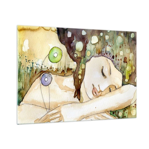 Glasbild - Bild auf glas - Eine schlafende Frau in einem künstlerischen Aquarellgemälde in warmen Farben. - 100x70cm - Ein smaragd-violetter Traum - Moderne Wanddekoration für Wohnzimmer und Schlafzimmer ARTTOR