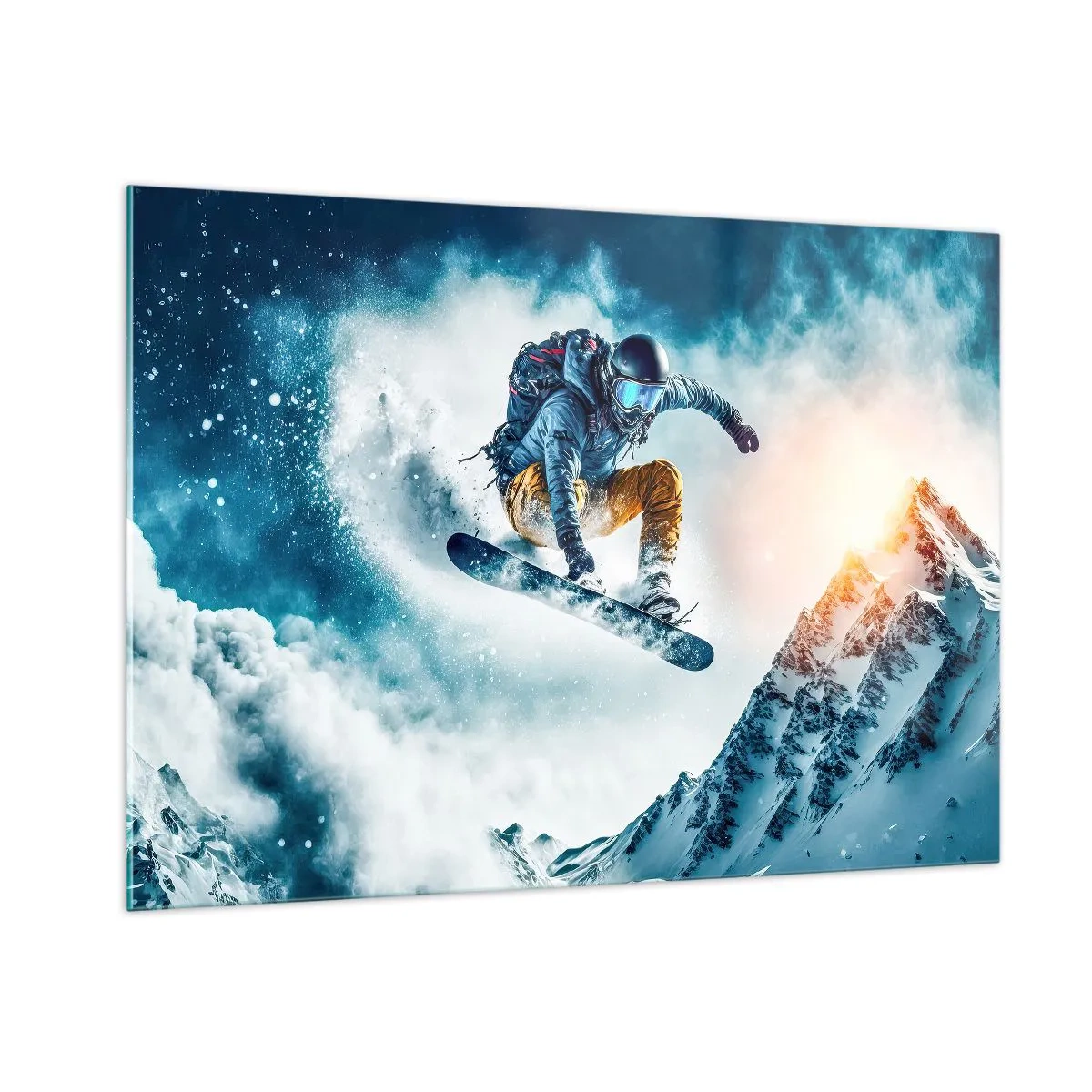 Glasbild - Bild auf glas - Ein Snowboarder fliegt über schneebedeckte Berge - 100x70cm - Extreme Emotionen - Moderne Wanddekoration für Wohnzimmer und Schlafzimmer ARTTOR