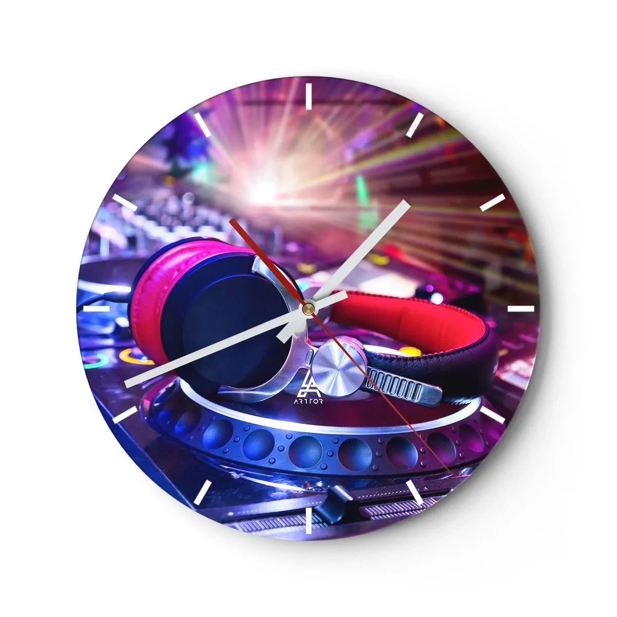Wanduhr - Glasuhr - DJ-Kopfhörer und Konsole im bunten Scheinwerferlicht - 30x30cm - Es wird, es wird passieren - Moderne Wanddekoration für Wohnzimmer, Küche und Schlafzimmer ARTTOR