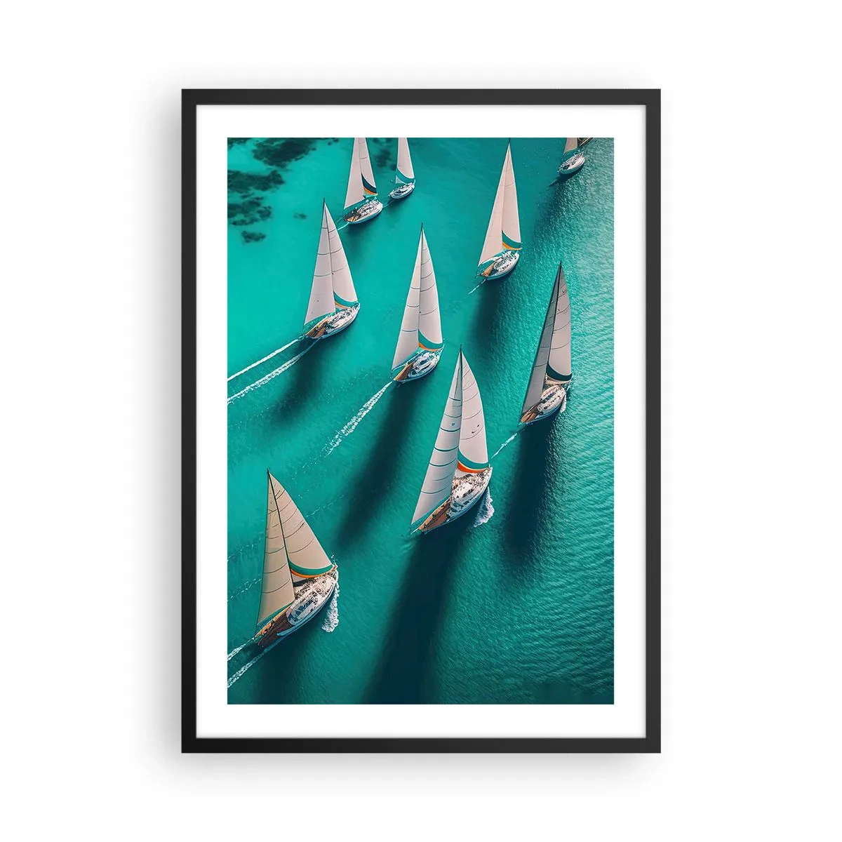 Poster in einem schwarzem Rahmen - Segelregatta auf türkisfarbenem Wasser - 50x70cm - Im Wettbewerb mit dem Wind - Moderne Wanddekoration für Wohnzimmer und Schlafzimmer ARTTOR