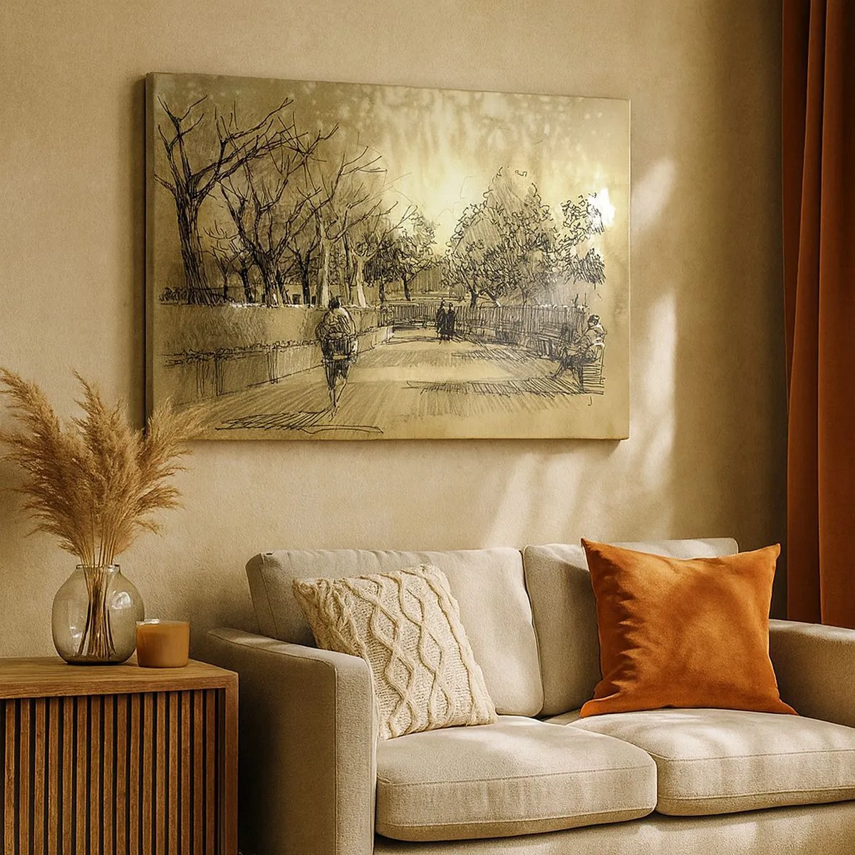 Bild auf Leinwand - Leinwandbild - Eine Cartoon-Szene eines Parks mit spazierenden Menschen in warmen Tönen. - 70x50cm - Ein Moment mit einer Feder angehalten - Moderne Wanddekoration für Wohnzimmer und Schlafzimmer ARTTOR