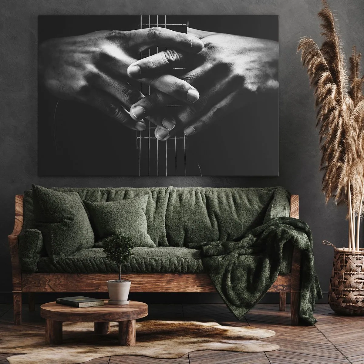 Bild auf Leinwand - Leinwandbild - Hände auf einer Gitarre in einem monochromen Ton gefaltet - 70x50cm - Gebet des Künstlers - Moderne Wanddekoration für Wohnzimmer und Schlafzimmer ARTTOR