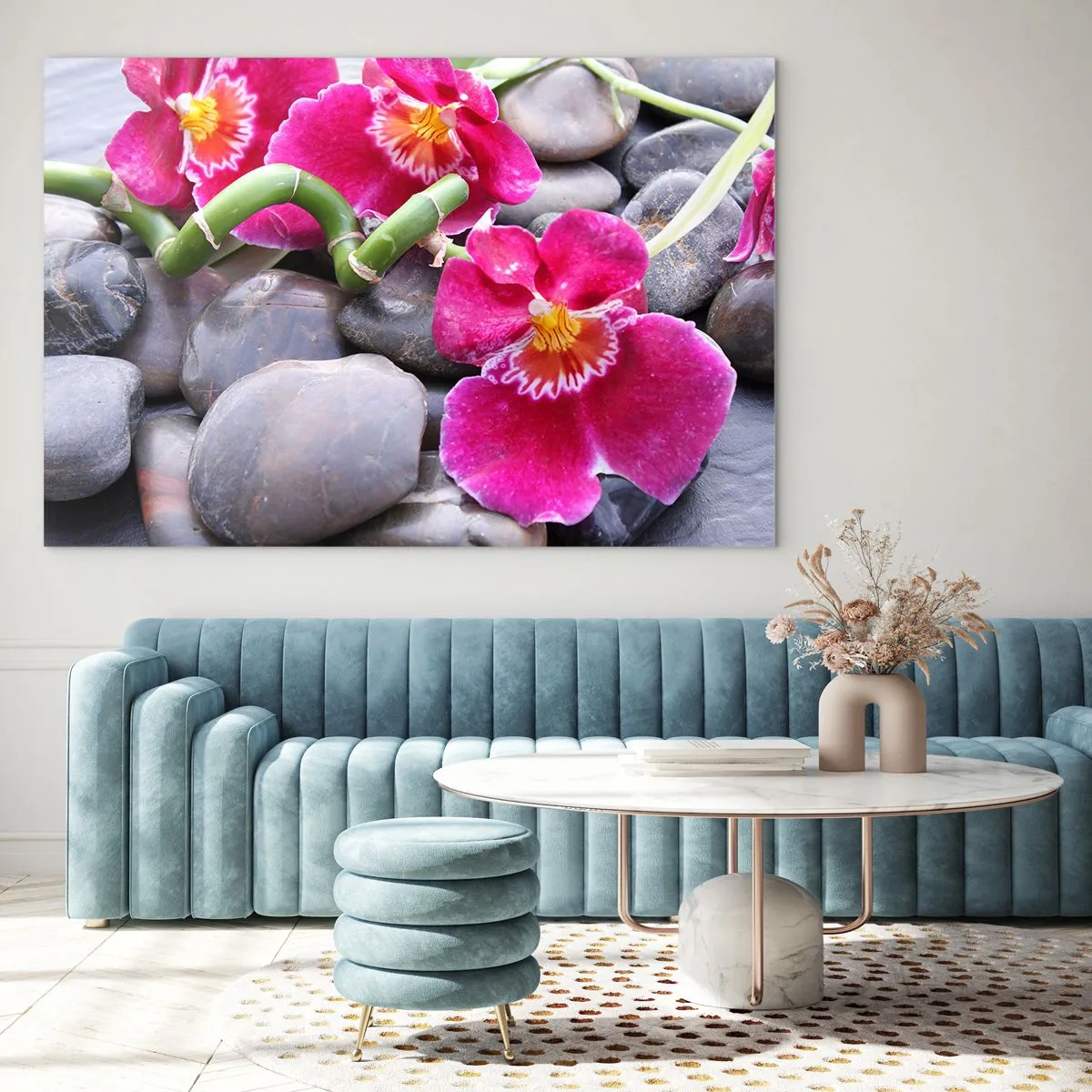 Glasbild - Bild auf glas - Rosa Orchideen mit Bambus auf Steinen - 70x50cm - Kühlen und erhitzen - Moderne Wanddekoration für Wohnzimmer und Schlafzimmer ARTTOR