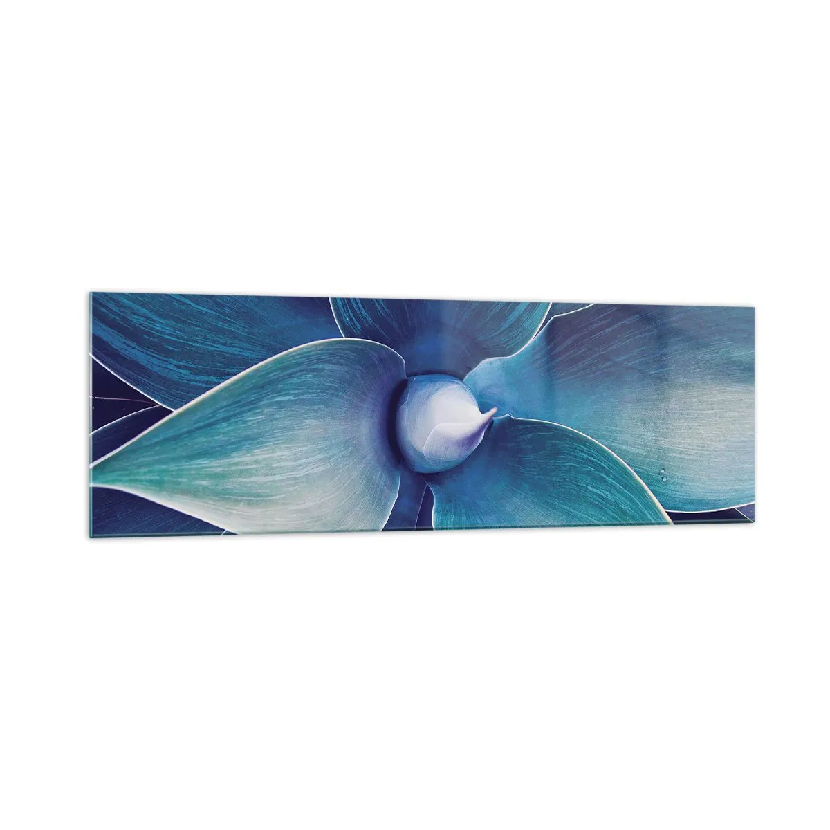 Glasbild - Bild auf glas - Nahaufnahme einer abstrakten Blume in Blautönen - 160x50cm - Bläulich vom Himmel - Moderne Wanddekoration für Wohnzimmer und Schlafzimmer ARTTOR