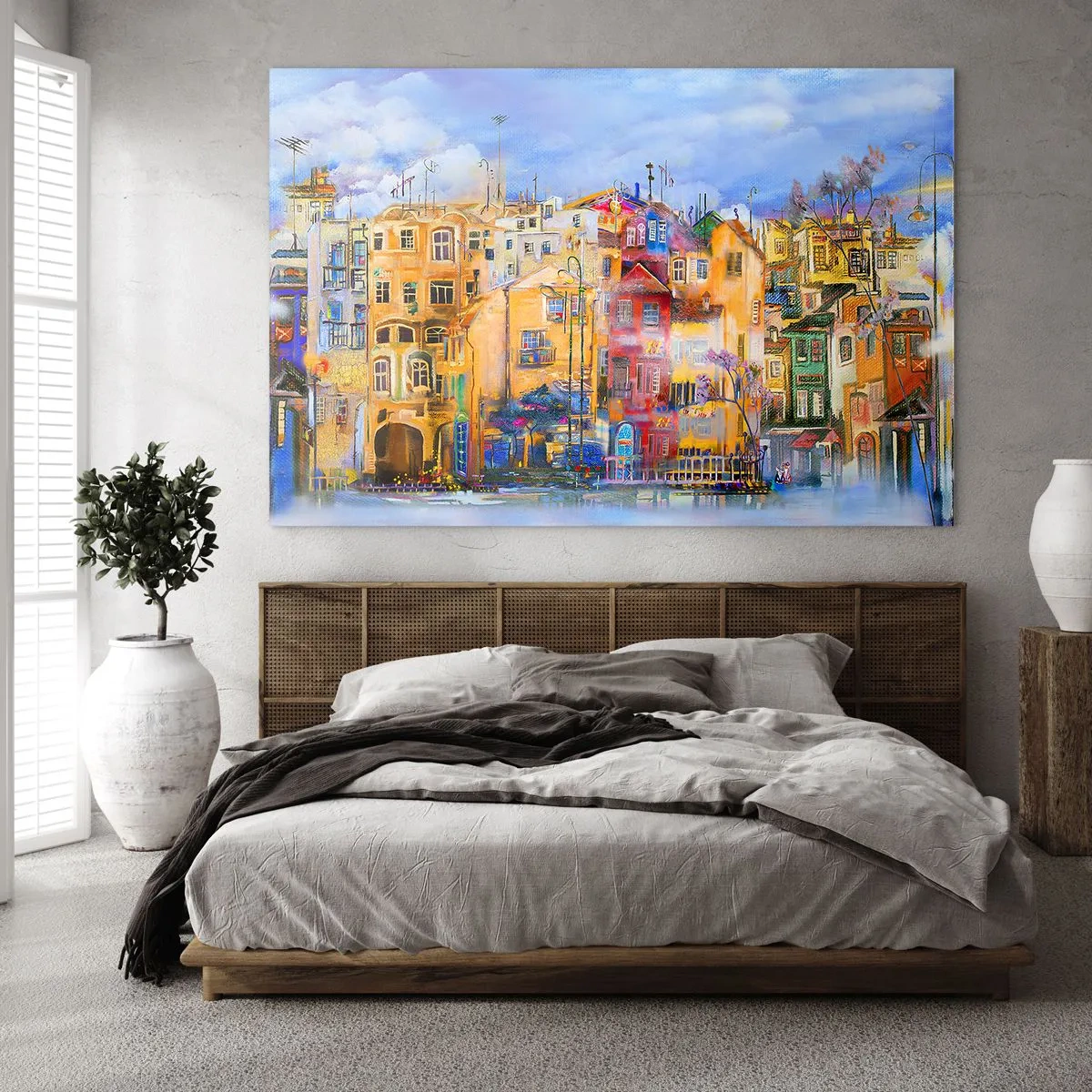 Glasbild - Bild auf glas - Bunte Mietshäuser in einem künstlerischen Stadtbild - 70x50cm - Wir sind zusammen - Moderne Wanddekoration für Wohnzimmer und Schlafzimmer ARTTOR
