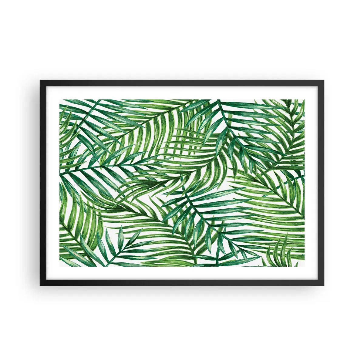 Poster in einem schwarzem Rahmen - Grüne tropische Palmblätter auf hellem Hintergrund - 70x50cm - Unter dem grünen Baldachin - Moderne Wanddekoration für Wohnzimmer und Schlafzimmer ARTTOR