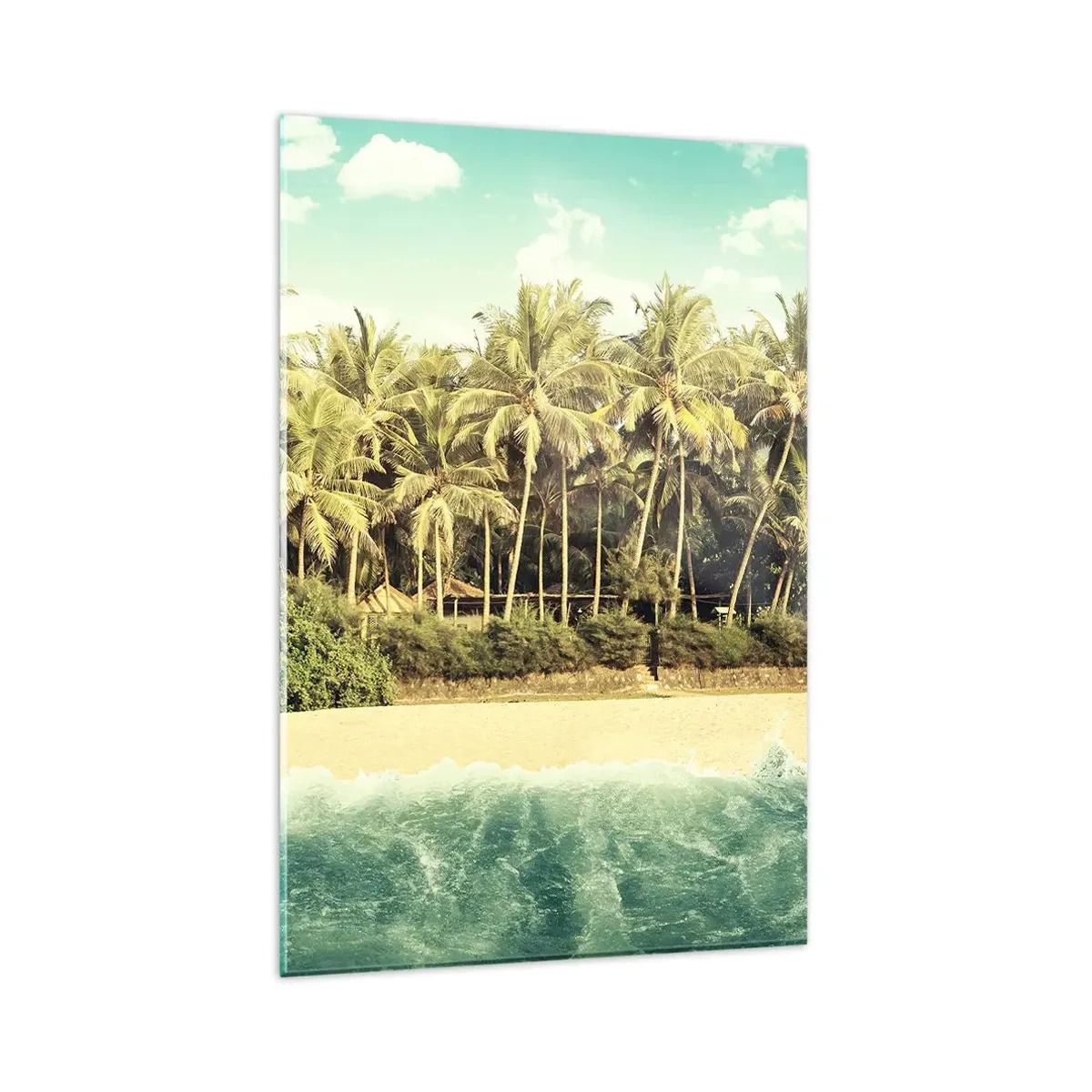 Glasbild - Bild auf glas - Tropischer Strand mit Palmen und türkisfarbenem Meer - 80x120cm - Wie wäre es hier? - Moderne Wanddekoration für Wohnzimmer und Schlafzimmer ARTTOR