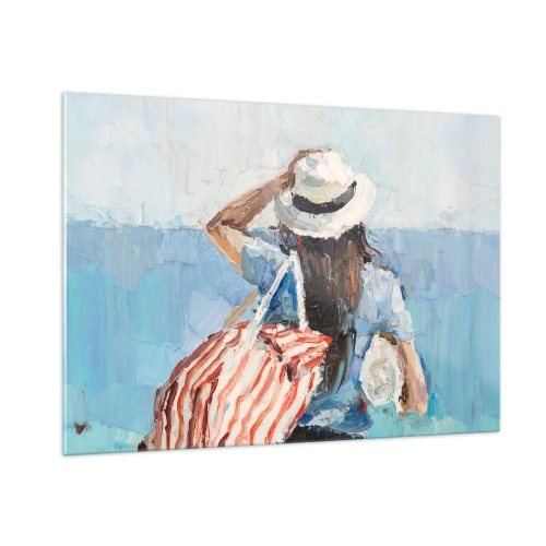 Glasbild - Bild auf glas - Eine Frau mit einer gestreiften Tasche blickt an einem sonnigen Tag aufs Meer. - 100x70cm - Willkommen in den Sommerferien - Moderne Wanddekoration für Wohnzimmer und Schlafzimmer ARTTOR