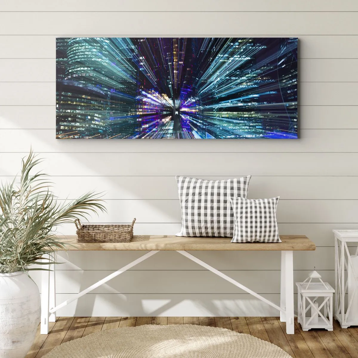 Bild auf Leinwand - Leinwandbild - Dynamische Ansicht der Stadt bei Nacht mit Lichteffekt - 160x50cm - Übergang zum Hyperraum - Moderne Wanddekoration für Wohnzimmer und Schlafzimmer ARTTOR