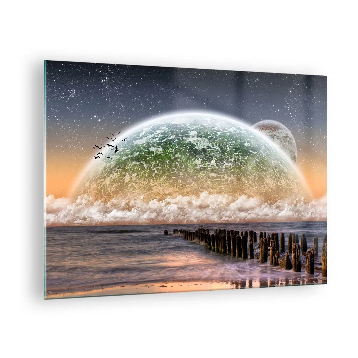 Glasbild - Bild auf glas - Sonnenuntergang über dem Planeten und dem Ozean - 70x50cm - Und die Welt tauchte aus dem Wasser auf - Moderne Wanddekoration für Wohnzimmer und Schlafzimmer ARTTOR