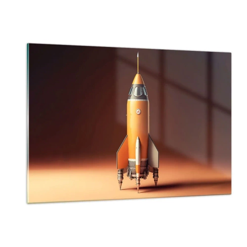 Glasbild - Bild auf glas - Eine orangefarbene Rakete vor einem sanften hellen Hintergrund - 120x80cm - Es beginnt mit einem Traum - Moderne Wanddekoration für Wohnzimmer und Schlafzimmer ARTTOR