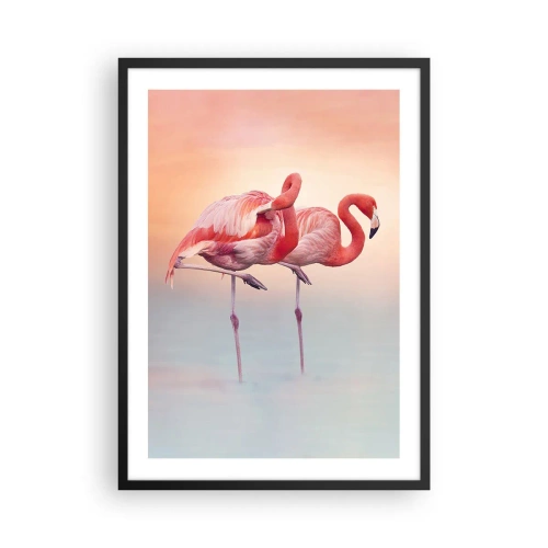 Poster in einem schwarzem Rahmen - Flamingos vor einem pastellfarbenen Sonnenuntergangshintergrund - 50x70cm - Die Farbe der untergehenden Sonne - Moderne Wanddekoration für Wohnzimmer und Schlafzimmer ARTTOR