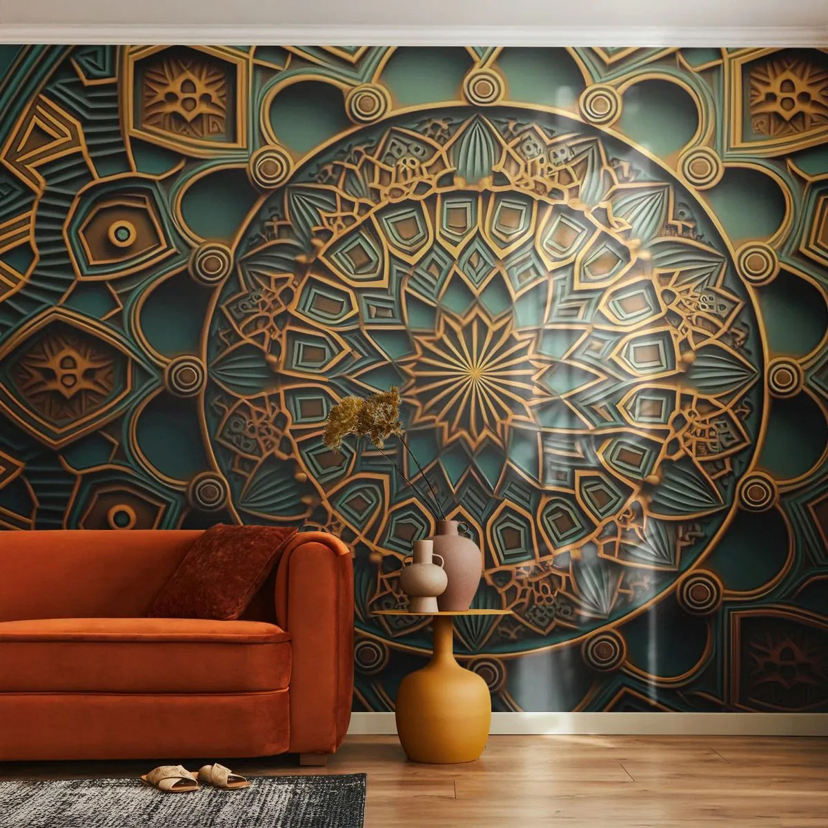 Fototapete Premium Sand - Orientalisches Mandala in Gold- und Smaragdfarben - 100x70cm - In arabischer Atmosphäre - Moderne Wanddekoration für Wohnzimmer und Schlafzimmer ARTTOR