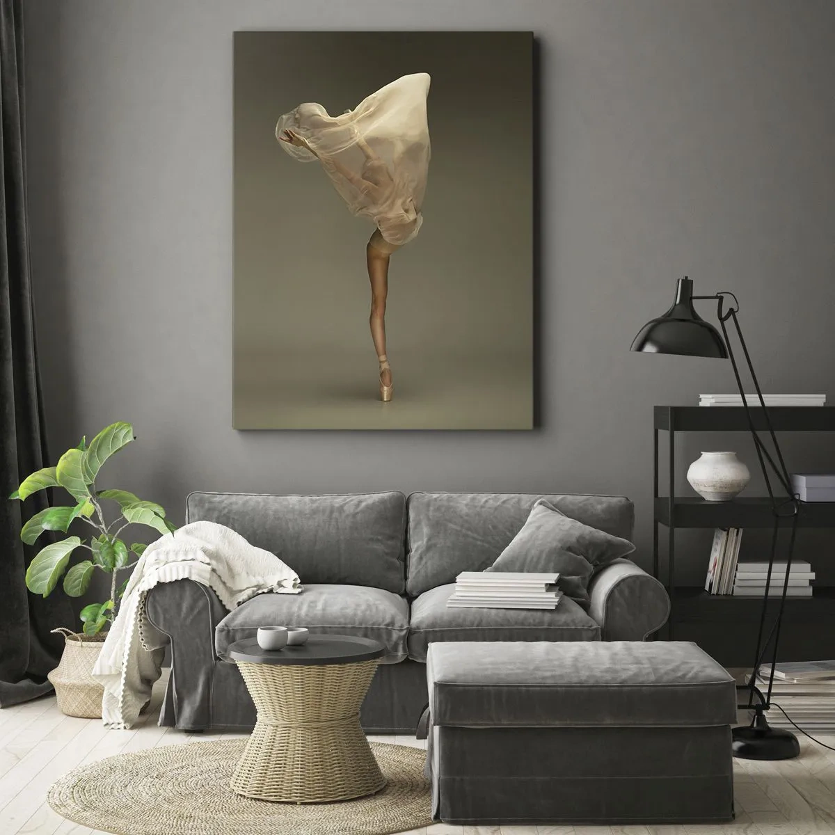 Bild auf Leinwand - Leinwandbild - Eine Tänzerin schwebt mit Stoff in der Luft - 80x120cm - Es wird bald auffliegen - Moderne Wanddekoration für Wohnzimmer und Schlafzimmer ARTTOR