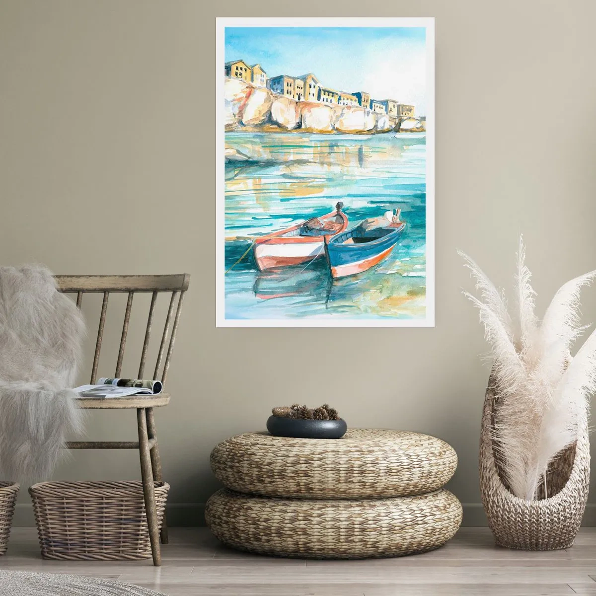 Poster - Aquarelllandschaft mit Booten auf dem Wasser und einer Küstenstadt - 50x70cm - Landschaft in Azurblau - Moderne Wanddekoration für Wohnzimmer und Schlafzimmer ARTTOR