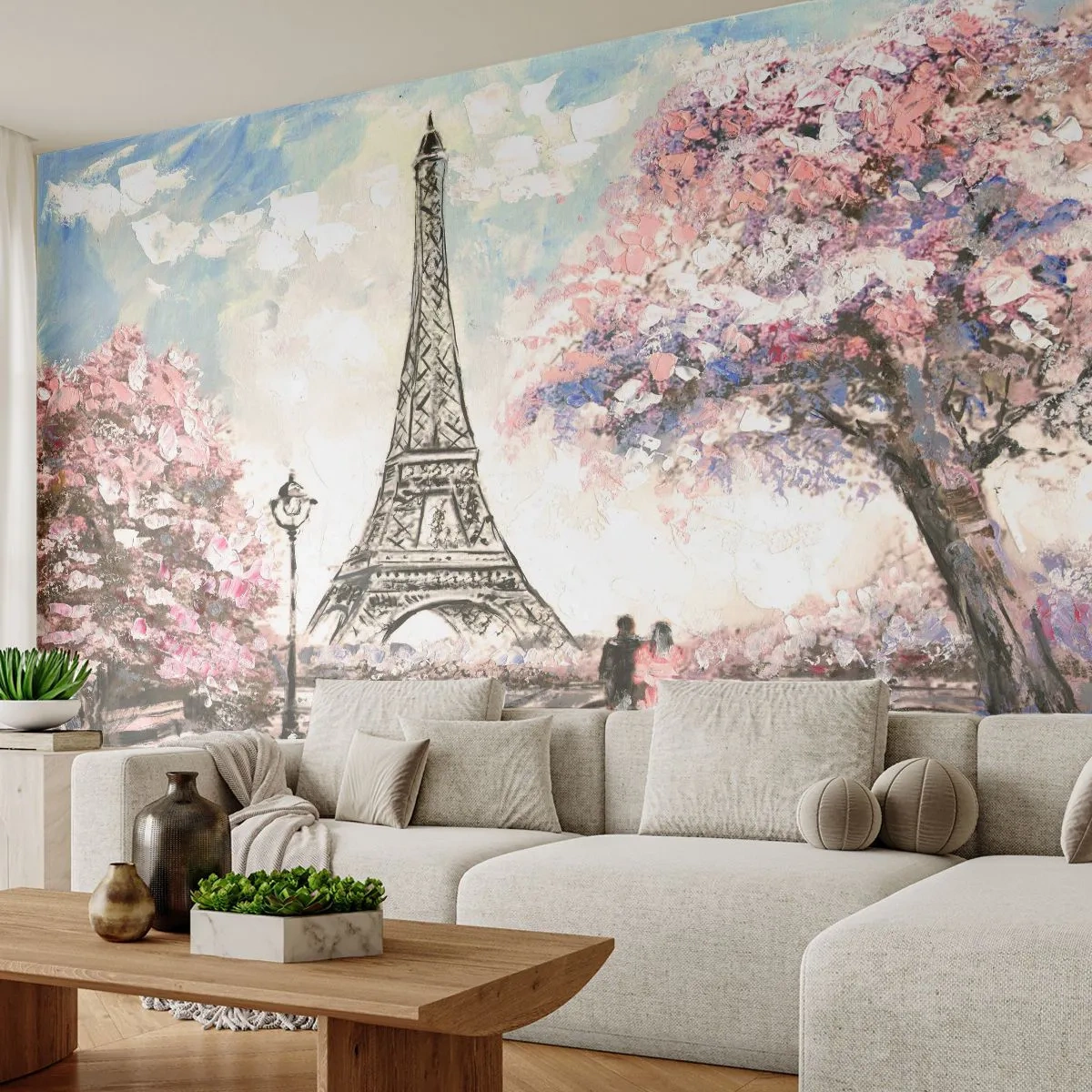 Fototapete Premium Sand - Ein romantischer Spaziergang in Paris mit Blick auf den Eiffelturm - 100x70cm - Aprilspaziergang durch Paris - Moderne Wanddekoration für Wohnzimmer und Schlafzimmer ARTTOR