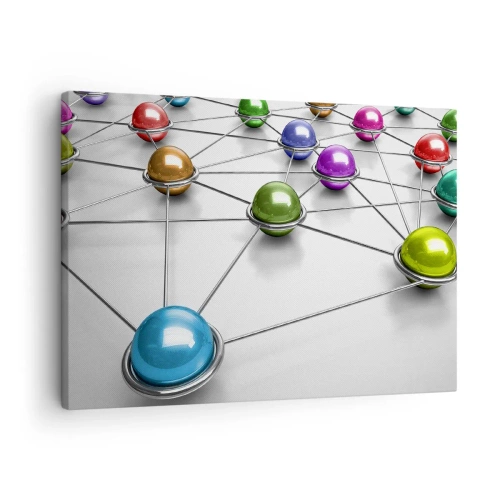 Bild auf Leinwand - Leinwandbild - Bunte Kugeln, die durch dünne Linien auf weißem Hintergrund verbunden sind - 70x50cm - Kosmisches Spinnennetz - Moderne Wanddekoration für Wohnzimmer und Schlafzimmer ARTTOR