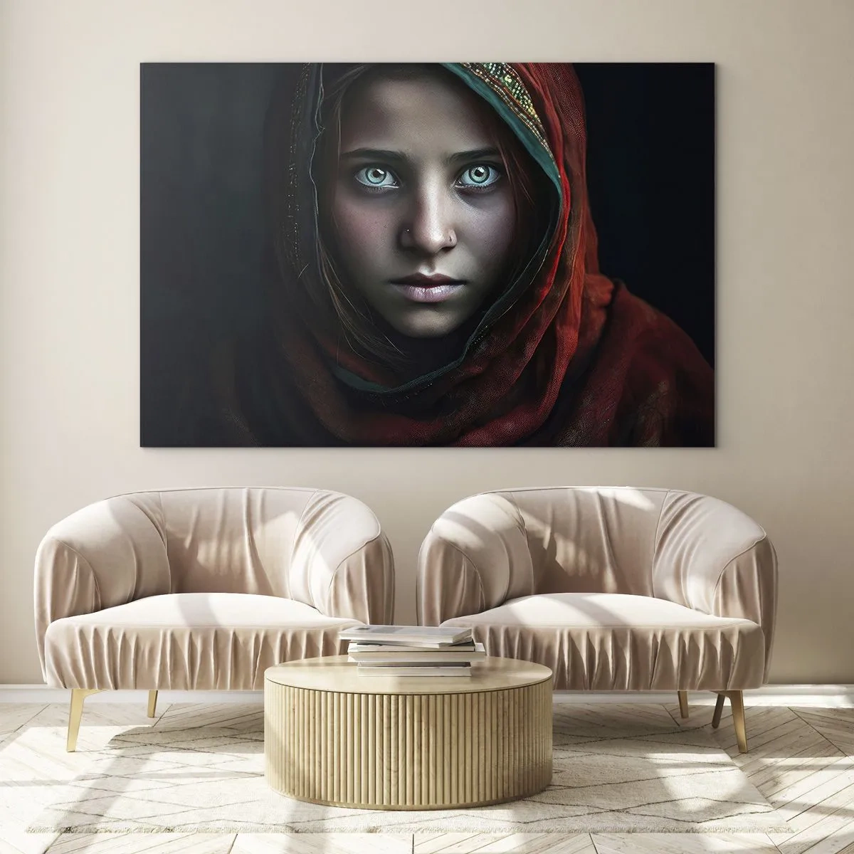 Glasbild - Bild auf glas - Porträt einer Frau mit rotem Schal vor dunklem Hintergrund - 100x70cm - Prinzessin aus dem Osten - Moderne Wanddekoration für Wohnzimmer und Schlafzimmer ARTTOR