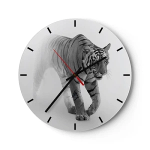 Wanduhr - Glasuhr - Realistischer Tiger im monochromen Stil auf weißem Hintergrund - 30x30cm - Im Nebel gelauert - Moderne Wanddekoration für Wohnzimmer, Küche und Schlafzimmer ARTTOR