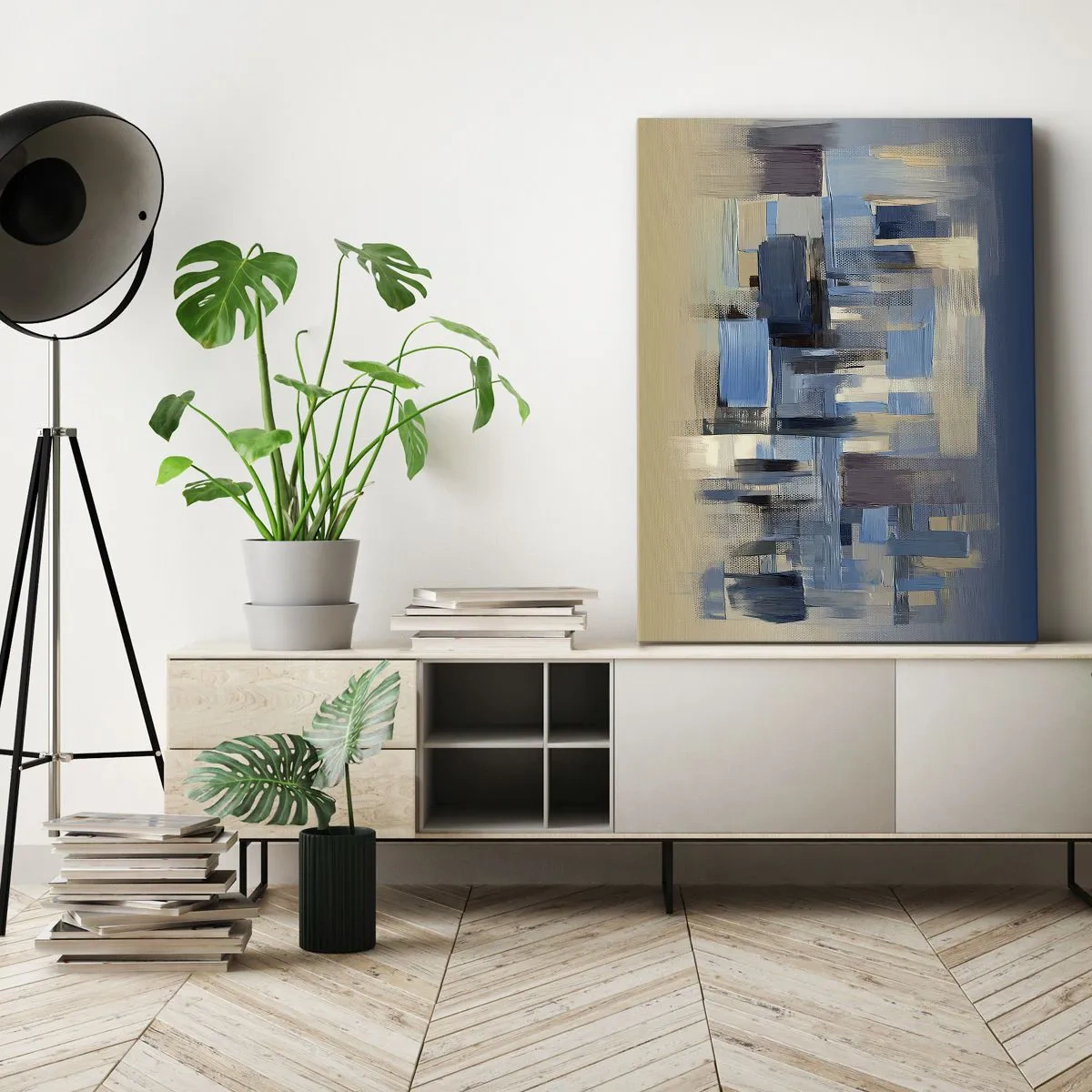 Bild auf Leinwand - Leinwandbild - Geometrische Formen in Blau- und Beigetönen - 80x120cm - Blaue Konstruktion - Moderne Wanddekoration für Wohnzimmer und Schlafzimmer ARTTOR