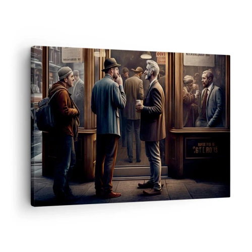 Bild auf Leinwand - Leinwandbild - Straßenszene mit Menschen vor einem Retro-Café - 70x50cm - Gute Zeit des Tages - Moderne Wanddekoration für Wohnzimmer und Schlafzimmer ARTTOR