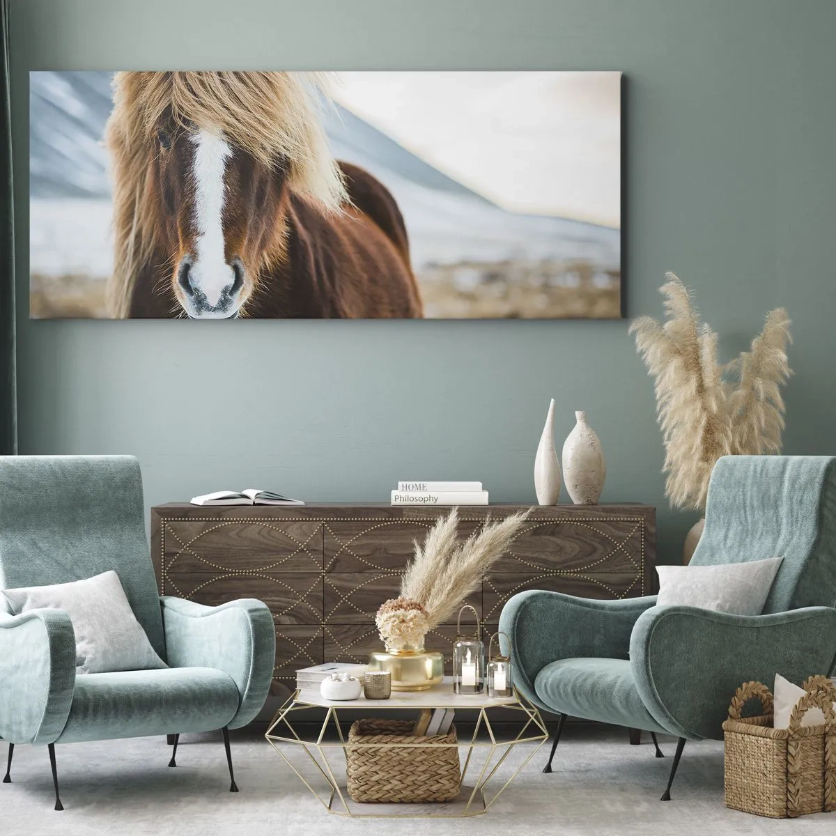 Bild auf Leinwand - Leinwandbild - Islandpferd vor einer Berglandschaft - 160x50cm - Spürst du die Freiheit? - Moderne Wanddekoration für Wohnzimmer und Schlafzimmer ARTTOR