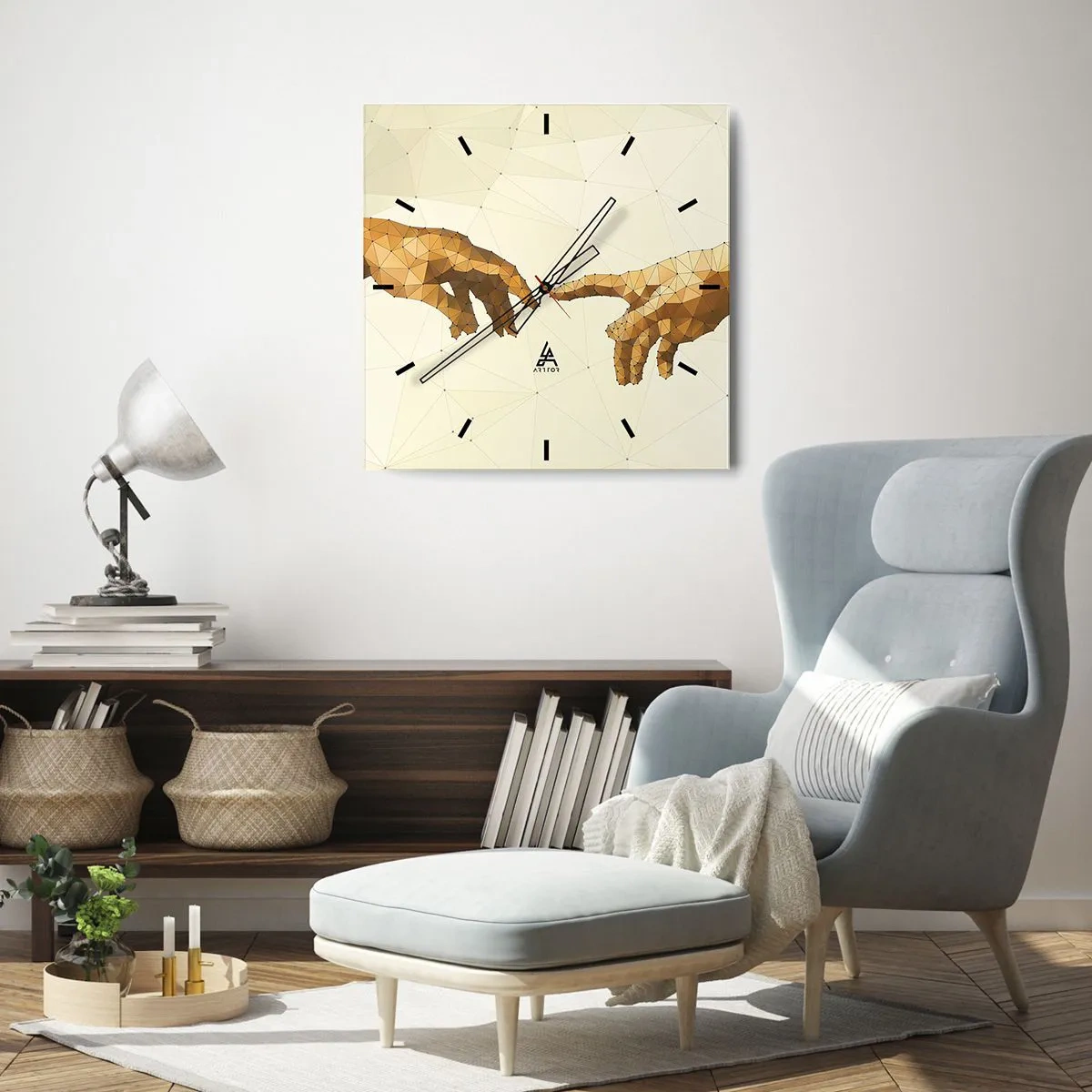 Wanduhr - Glasuhr - Geometrische Hände, die sich vor hellem Hintergrund nacheinander ausstrecken - 30x30cm - Göttliche Geometrie - Moderne Wanddekoration für Wohnzimmer und Schlafzimmer ARTTOR