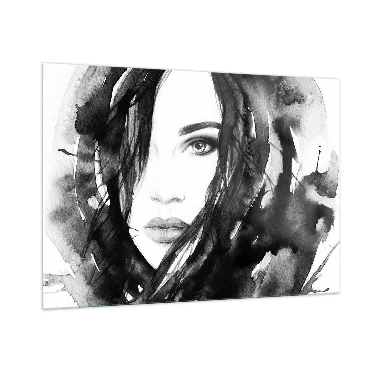 Glasbild - Bild auf glas - Weibliche Schwarz-Weiß-Aquarellporträts - 100x70cm - Porträt einer Dame in Schwarzweiß - Moderne Wanddekoration für Wohnzimmer und Schlafzimmer ARTTOR