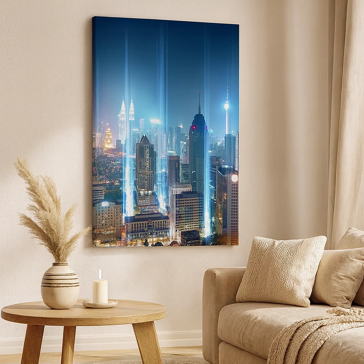 Bild auf Leinwand - Leinwandbild - Eine moderne Stadt bei Nacht mit futuristischen Lichtakzenten. - 50x70cm - Auf Berliner Art gegen den Himmel - Moderne Wanddekoration für Wohnzimmer und Schlafzimmer ARTTOR