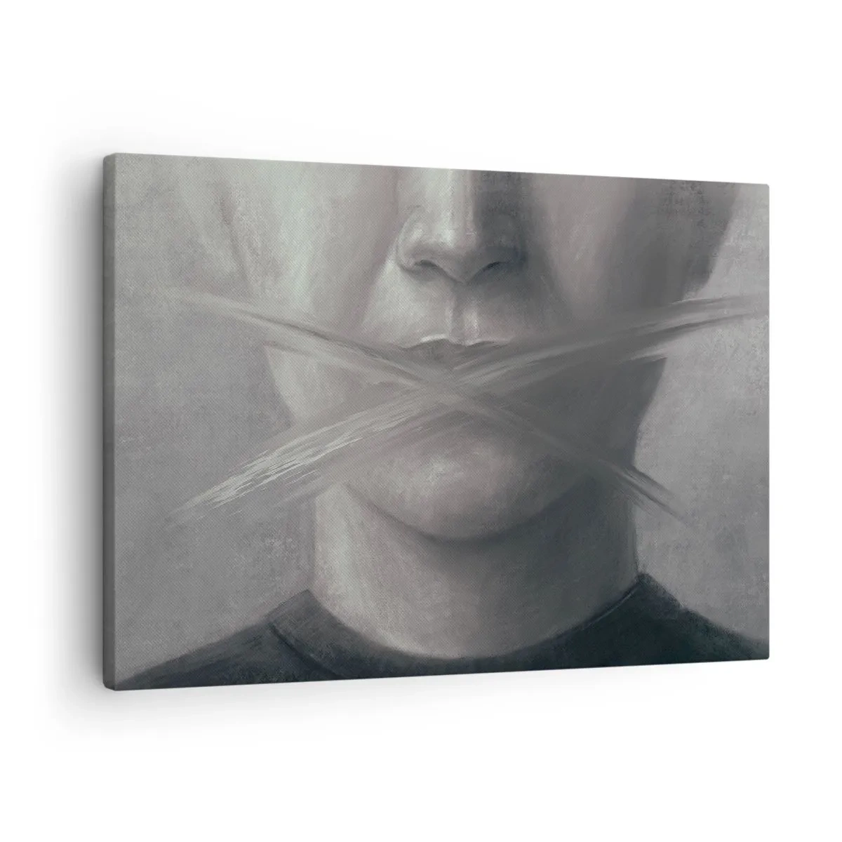Bild auf Leinwand - Leinwandbild - Ein symbolisches Porträt mit verschwommenen Lippen in Grautönen. - 70x50cm - Ohne ein Wort - Moderne Wanddekoration für Wohnzimmer und Schlafzimmer ARTTOR