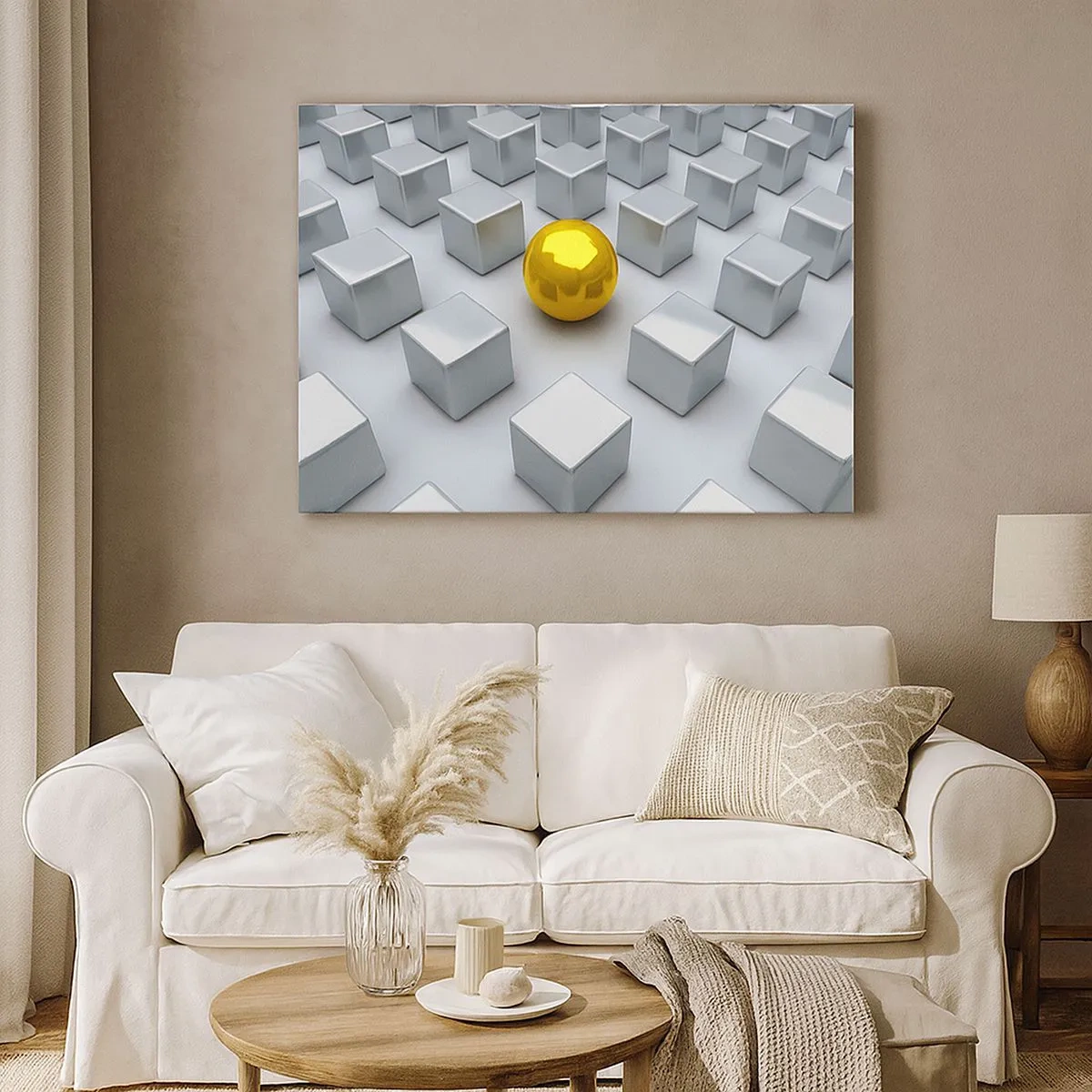 Bild auf Leinwand - Leinwandbild - Eine goldene Kugel, die zwischen den silbernen Würfeln hervorsticht - 70x50cm - Warum ich? Geometrische Zusammensetzung - Moderne Wanddekoration für Wohnzimmer und Schlafzimmer ARTTOR