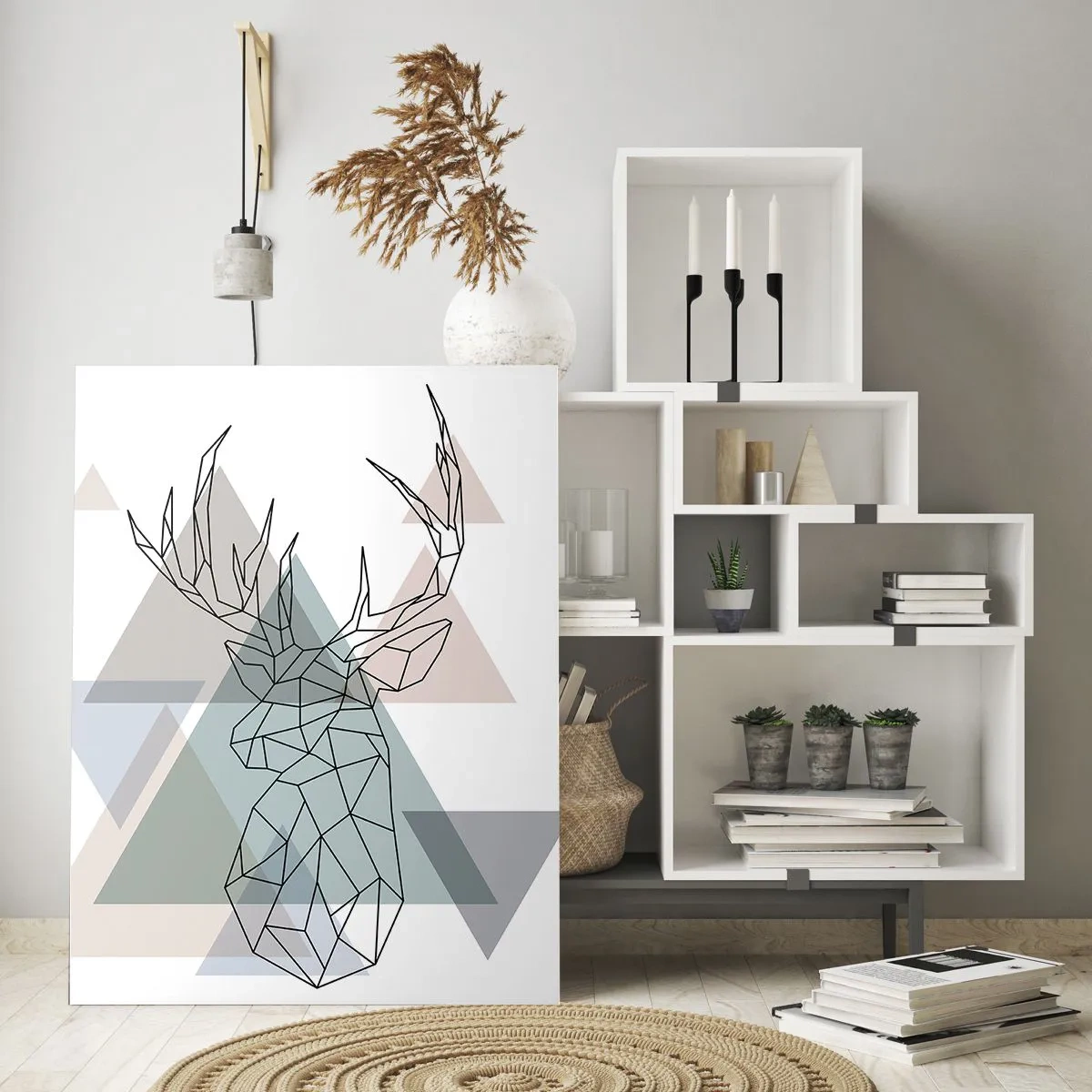 Glasbild - Bild auf glas - Geometrischer Hirsch auf einem Hintergrund aus pastellfarbenen Dreiecken - 70x100cm - In einem geometrischen Wald - Moderne Wanddekoration für Wohnzimmer und Schlafzimmer ARTTOR