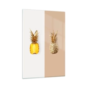 Glasbild - Bild auf glas - Eine halbe frische, goldene Ananas auf kontrastierendem Hintergrund - 80x120cm - Ananas für uns - Moderne Wanddekoration für Wohnzimmer und Schlafzimmer ARTTOR