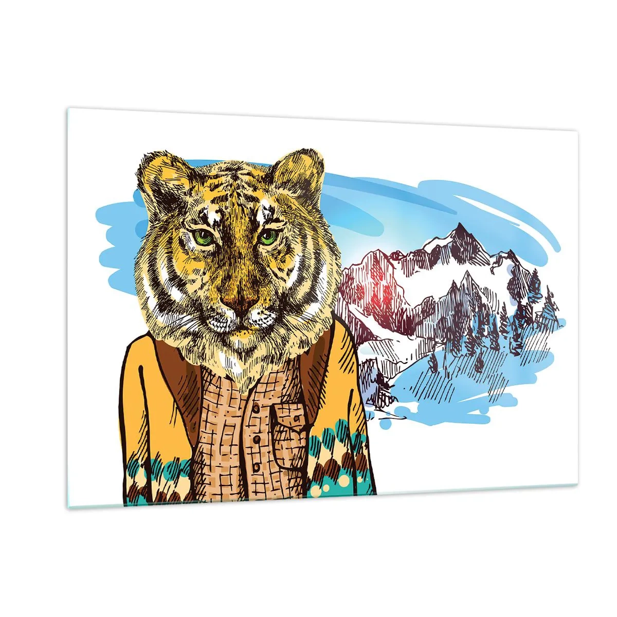 Glasbild - Bild auf glas - Ein Tiger in einer Weste vor einer Berglandschaft - 120x80cm - Nicht so wild, wie sie ihn zeichnen - Moderne Wanddekoration für Wohnzimmer und Schlafzimmer ARTTOR