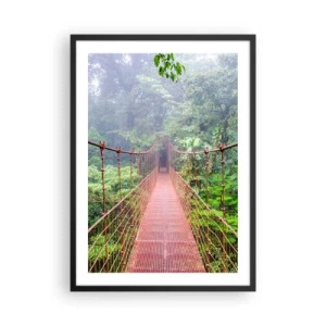 Poster in einem schwarzem Rahmen - Eine Hängebrücke in einem tropischen Wald, eingehüllt in Nebel - 50x70cm - Über den Kronen aufgehängt - Moderne Wanddekoration für Wohnzimmer und Schlafzimmer ARTTOR