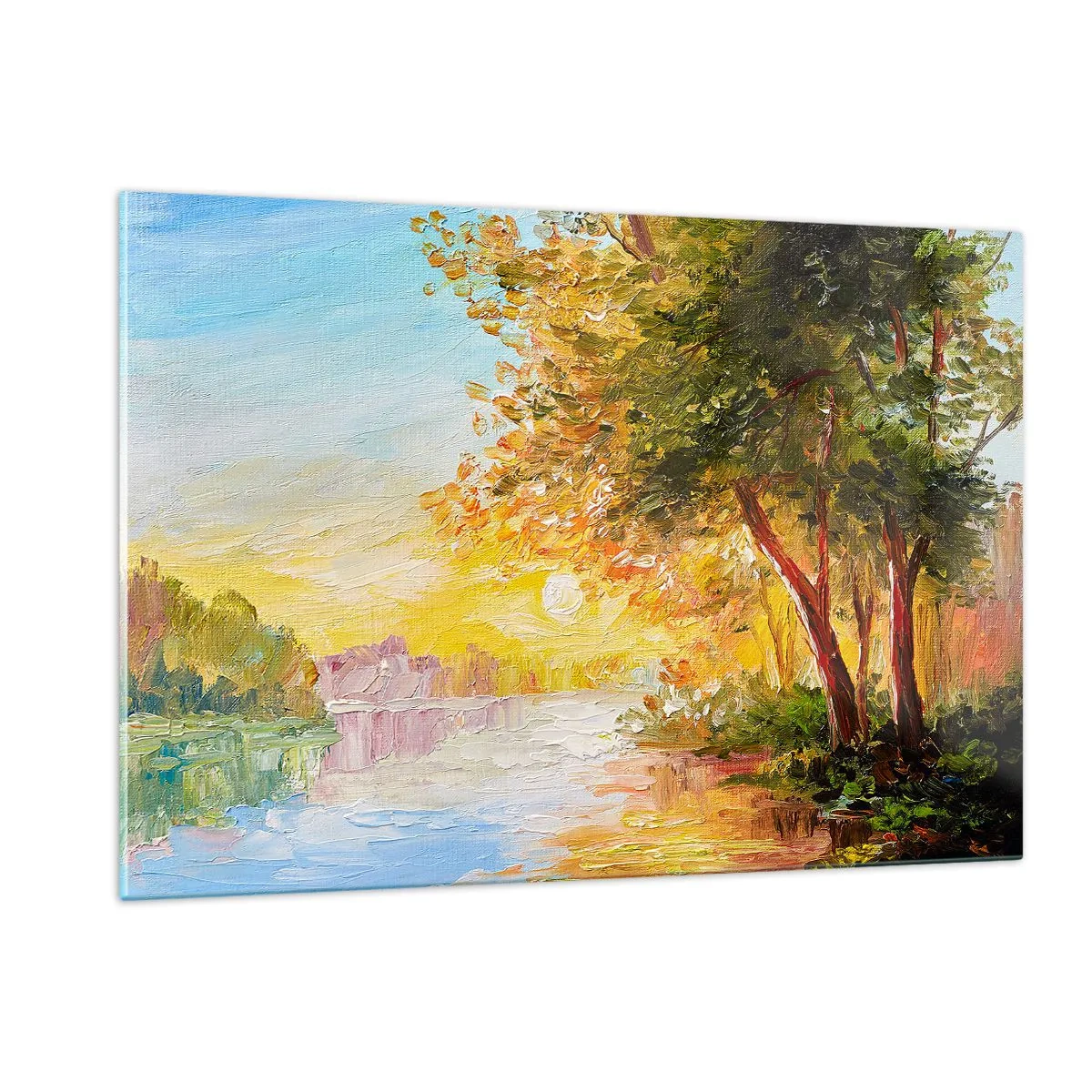 Glasbild - Bild auf glas - See mit Bäumen bei Sonnenuntergang - 120x80cm - Et in Arcadia ego - Moderne Wanddekoration für Wohnzimmer und Schlafzimmer ARTTOR