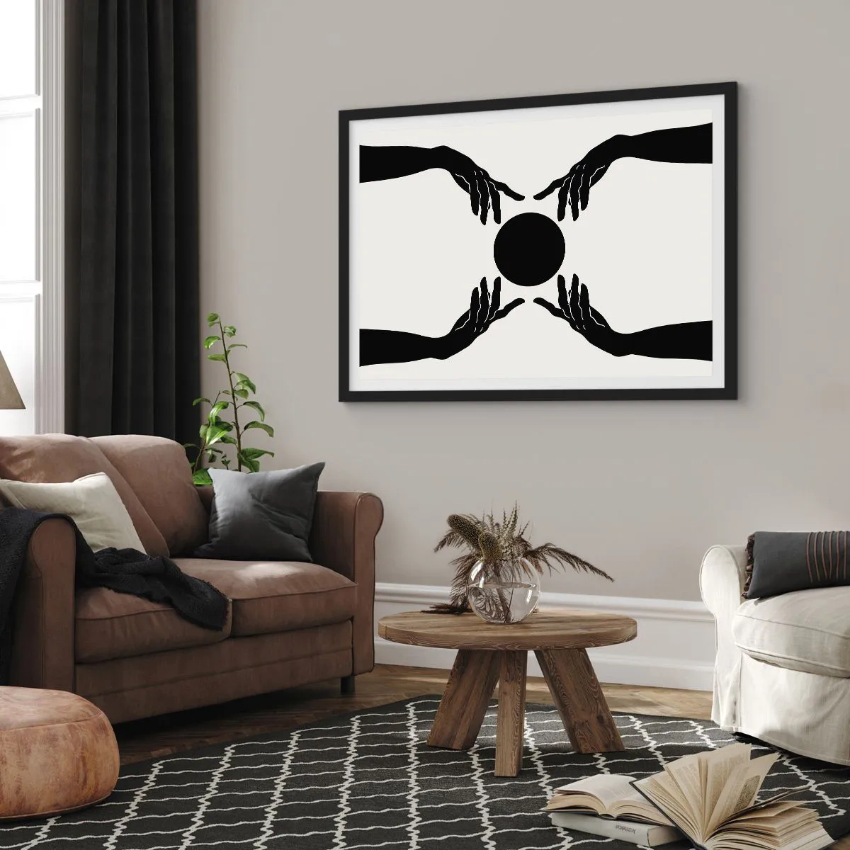 Poster in einem schwarzem Rahmen - Schwarze Hände in einer symmetrischen Komposition mit einer Kugel - 100x70cm - Geheimes Zeichen - Moderne Wanddekoration für Wohnzimmer und Schlafzimmer ARTTOR