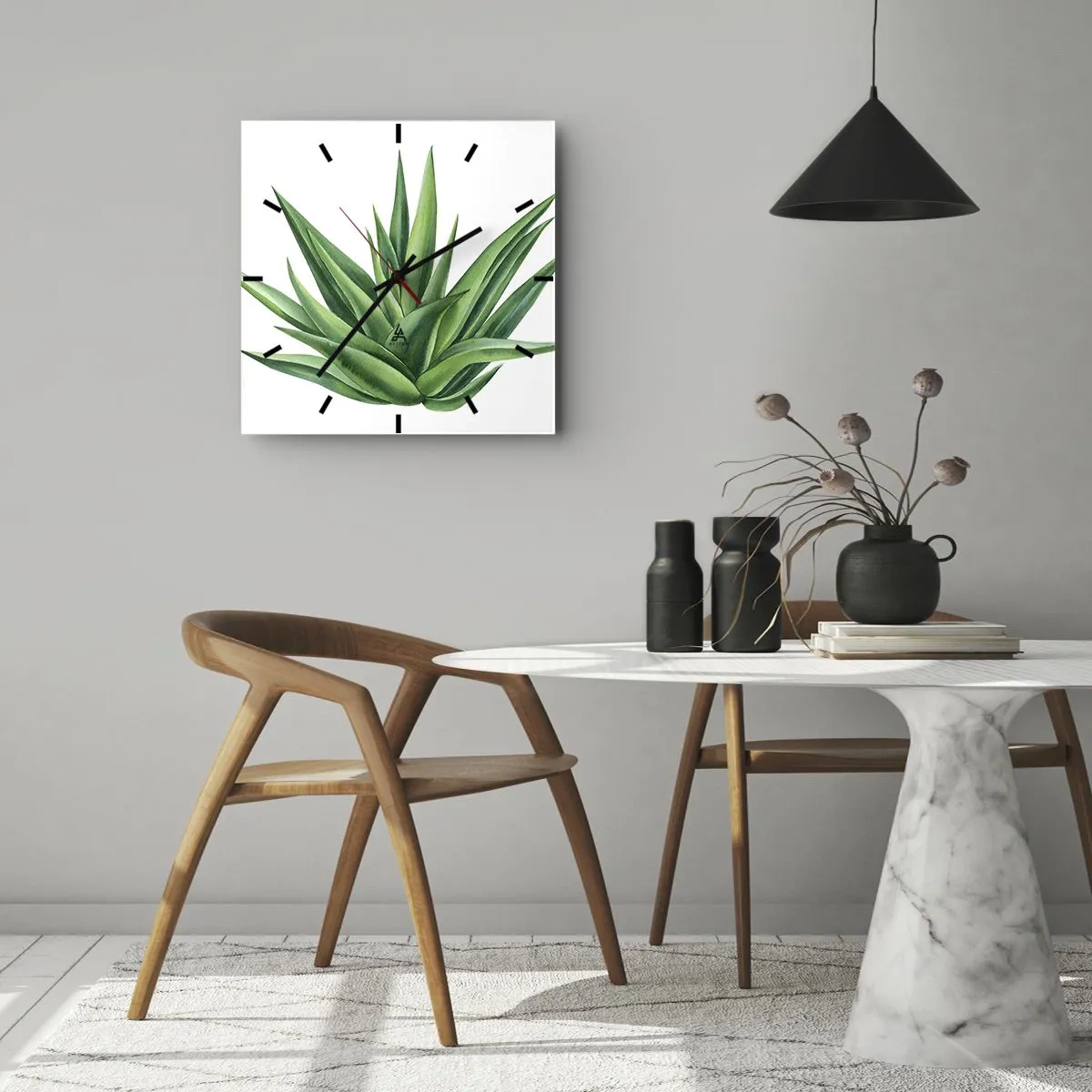 Wanduhr - Glasuhr - Eine saftige grüne Pflanze auf weißem Hintergrund - 30x30cm - Grün – Kraft – Leben - Moderne Wanddekoration für Wohnzimmer und Schlafzimmer ARTTOR